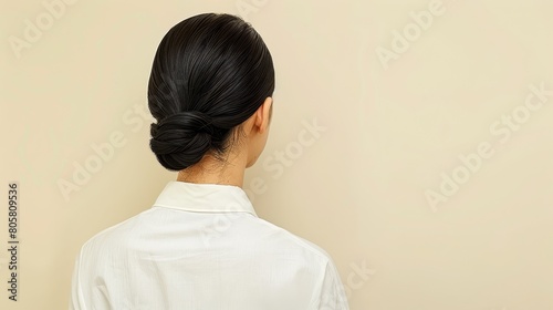   A woman's head in profile, clad in a white shirt, with black hair gathered in a low ponytail at her nape photo