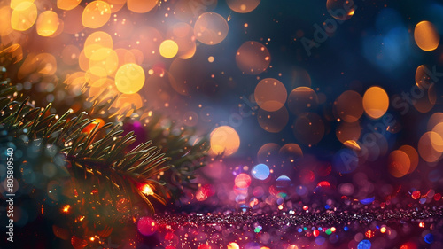 glittering lights on purple and blue background, bokeh effect Christmas tree background blurred and shining Christmas rings