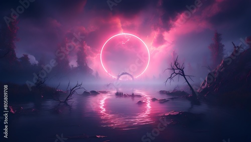 3d render, abstract fantasy background. Unique futuristic landscape with round geometric shape glowing with bright neon light, colorful clouds, and water  © Monirknn