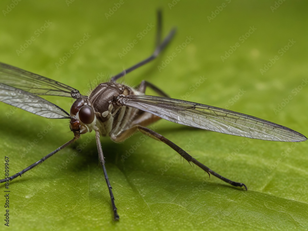 Closeup on a dance fly, Empis livida sitting on a green leaf

