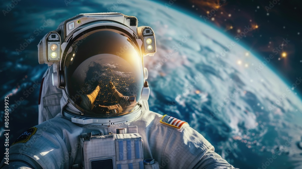 The picture of the astronaut flying in the space with the earth background, the spaceman must wear the space suit to protect the human body from the radiation, extreme temperature and pressure. AIG43.