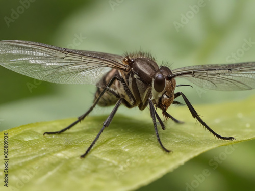 Closeup on a dance fly, Empis livida sitting on a green leaf