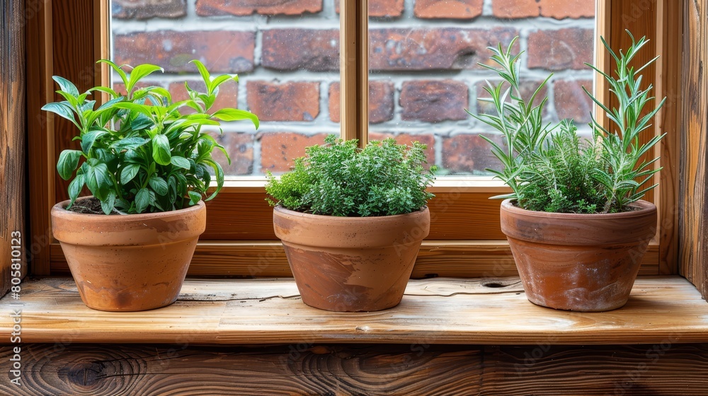   Three potted plants sit on a brick window sill, in front of a window