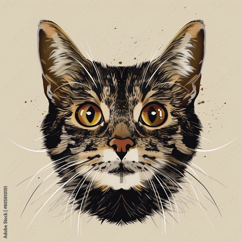 Detailed Illustration of a Calico Cat with Amber Eyes on Beige Background Detailed Illustration of a Calico Cat with Amber Eyes on Beige Background