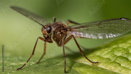 Closeup on a dance fly, Empis livida sitting on a green leaf