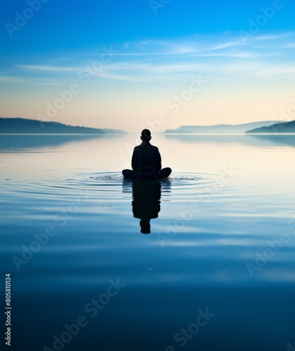Serene Silhouette of Man Meditating by Calm Lake at Twilight