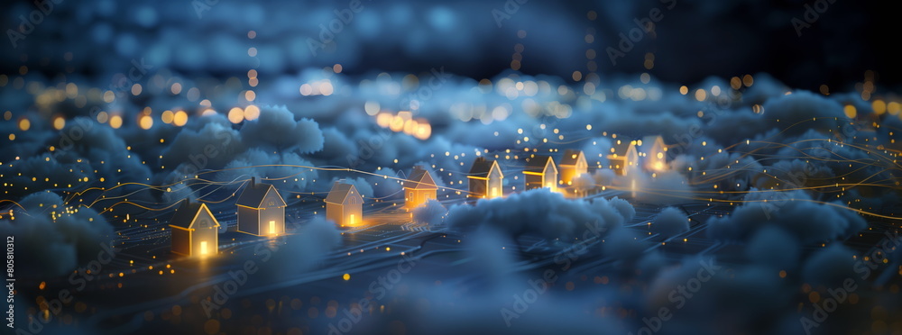 Digital community, smart homes and digital community. DX, Iot, digital network in society concept. suburban houses at night. Hand edited AI.
Digital community, smart homes and digital community. DX, Iot, digital network in society concept. suburban houses at night. Hand edited AI.