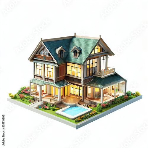 Abandoned wooden house isolated on white background front view, 3D rendering.with Generative AI technology