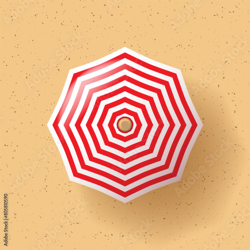 Summer beach with 3D umbrella. Top view. Vector illustration
