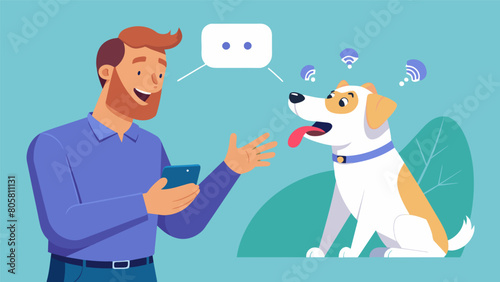 A man amazed by the devices ability to accurately interpret his dogs emotions and translate them into human language.. Vector illustration