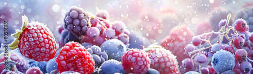 Frozen blueberries, raspberries, strawberries. Banner with healthy food.