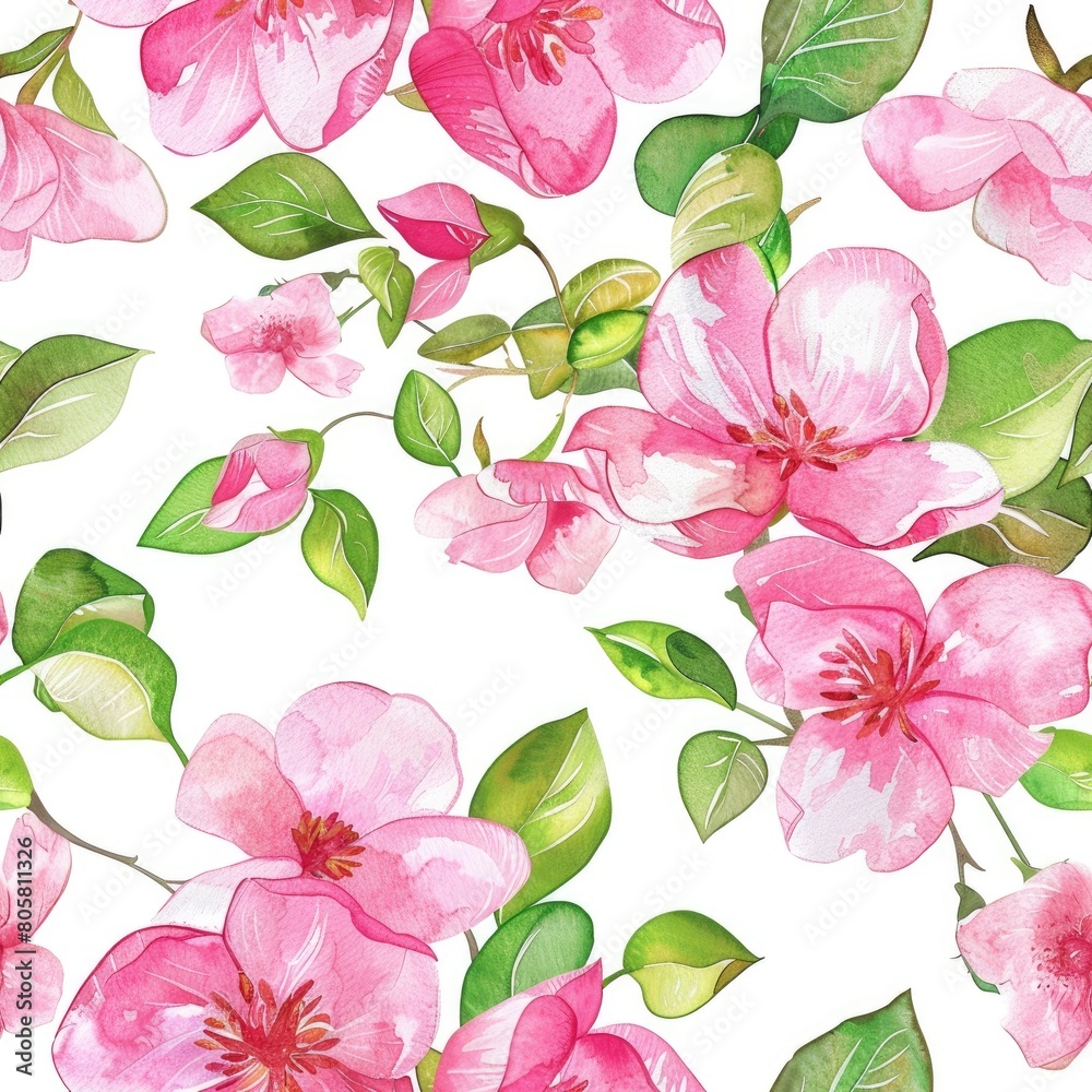 watercolor pink floral pattern on white background.