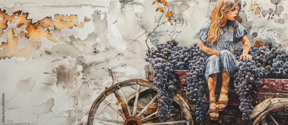Obraz premium Watercolor banner with a cute girl sitting in a wooden cart and grape branches. Harvest concept.