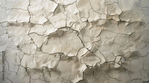 A flat texture of a wall with cracked plaster, showcasing the detailed cracks and textures in neutral tones to achieve an aged effect.