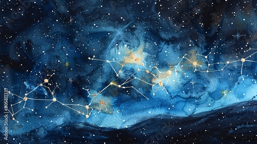 a mesmerizing watercolor portrayal of space, adorned with twinkling stars and the enigmatic Scorpio constellation, delicately captured on textured watercolor paper