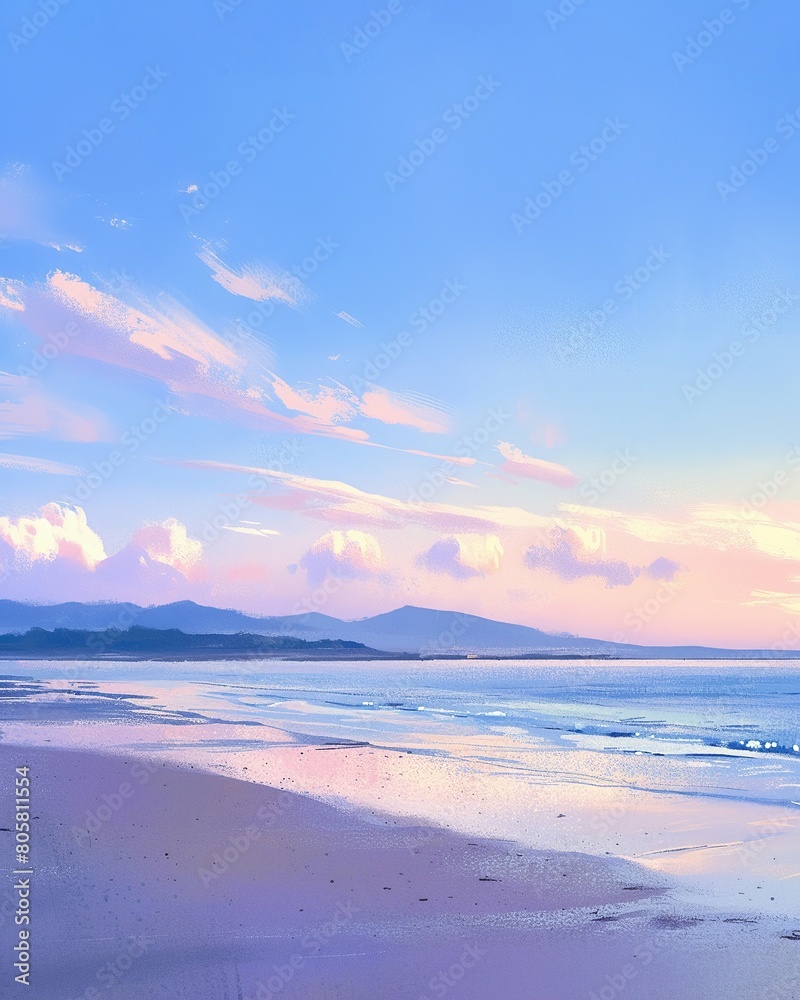 Fototapeta premium Early morning beach, realistic watercolor, pastel sky tones, gentle light, panoramic view , illustration style
