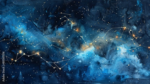 a mesmerizing watercolor portrayal of space, adorned with twinkling stars and the enigmatic Scorpio constellation, delicately captured on textured watercolor paper