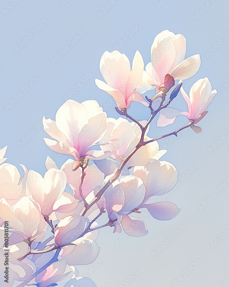 Magnolia tree, watercolor, white and pink blooms, gentle spring, clear sky, side angle , minimalist