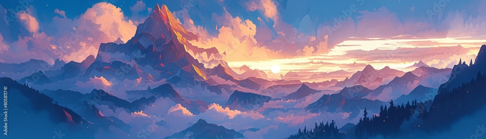 Mountain vista at sunset, watercolor, glowing peaks, cool to warm sky, peaceful, panoramic view , realistic watercolor