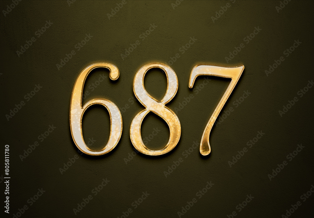 Old gold effect of 687 number with 3D glossy style Mockup. Old gold effect of 687 number with 3D glossy style Mockup.