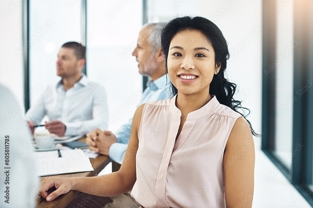 Businesswoman, smile and portrait for law firm with plans, colleagues and team in Indonesia. Female person, office and happy in career with lawyers, coworkers and meeting for updates in company Businesswoman, smile and portrait for law firm with plans, colleagues and team in Indonesia. Female person, office and happy in career with lawyers, coworkers and meeting for updates in company
