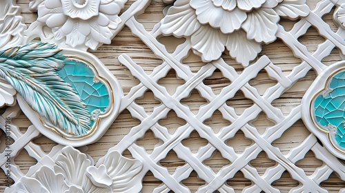 Oak mural adorned with white lattice, turquoise accents, and floral hexagonal patterns.