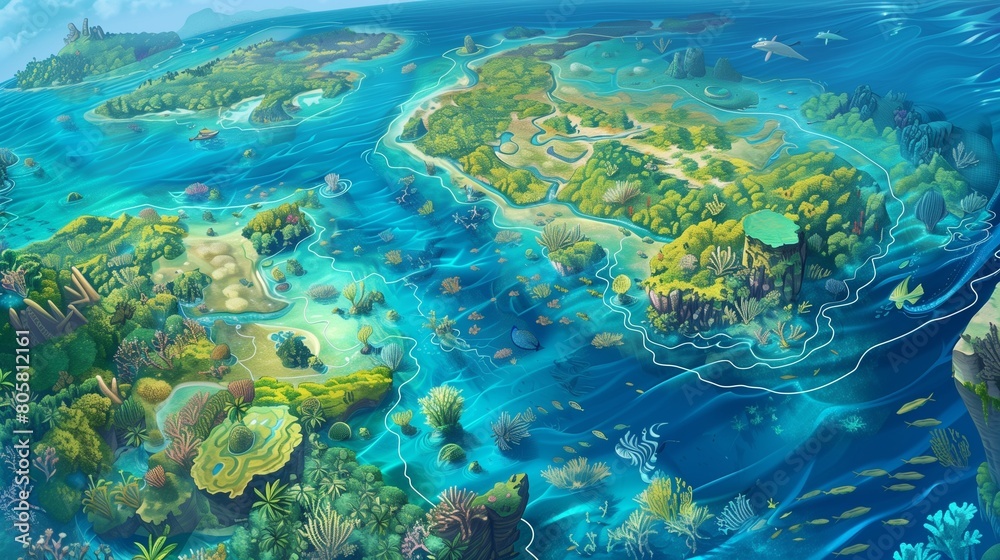 Fototapeta premium Eco-themed topographic map, highlighting vibrant coral reefs and dense mangrove forests as key elements in navigation.