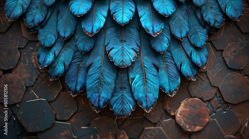 Eagle feathers in hexagonal shapes against an aged bronze backdrop.