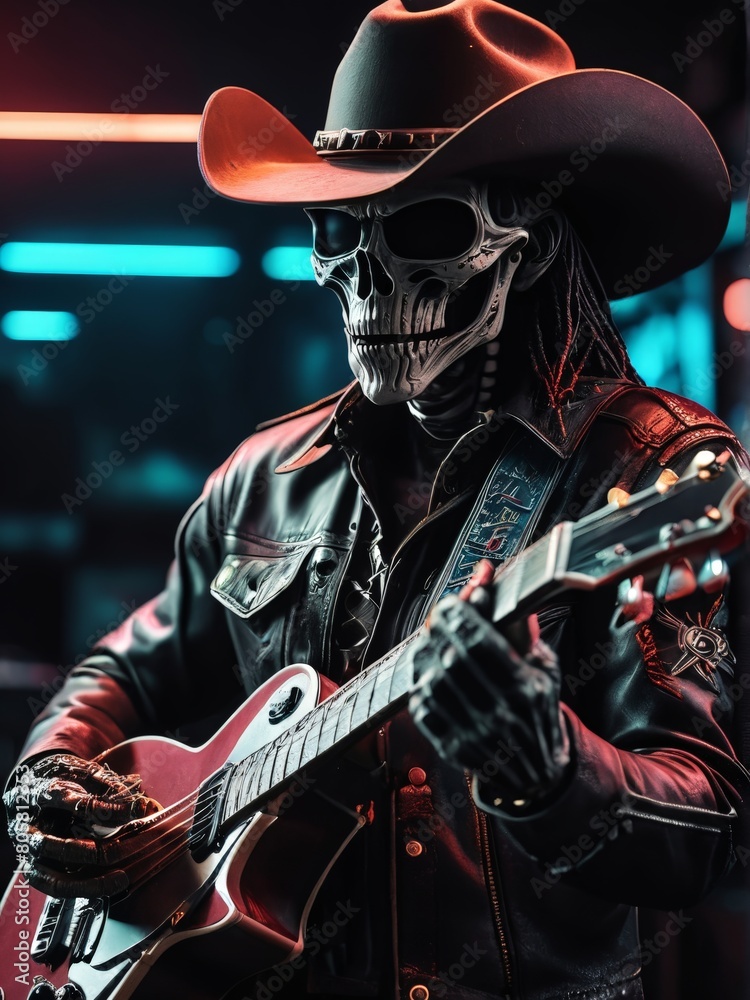 Portrait of a musician in a leather jacket and hat with a guitar.