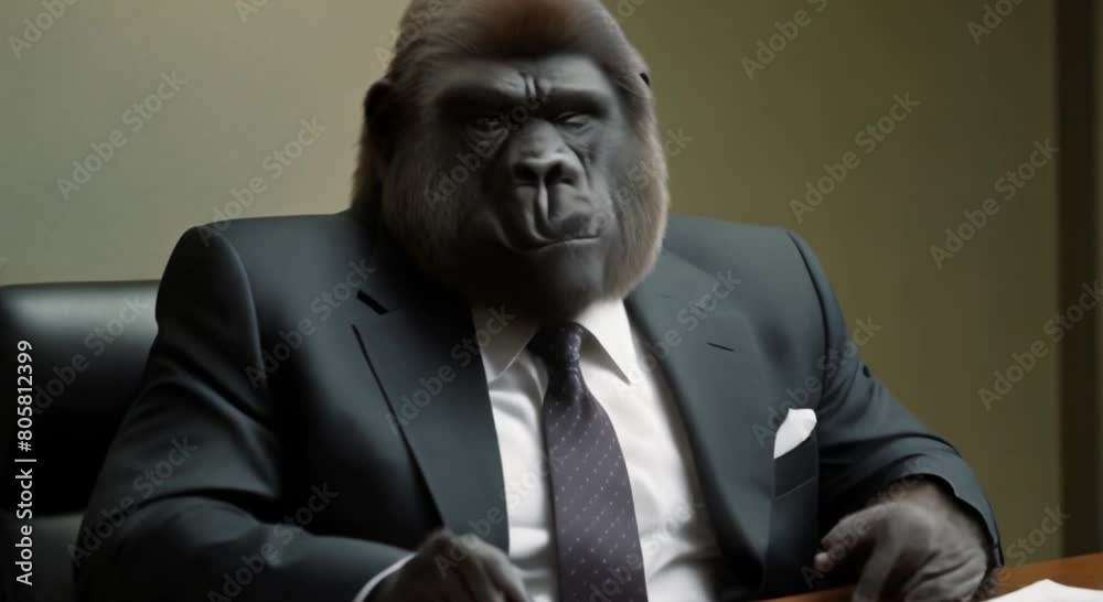 a gorilla wearing a suit in the office a gorilla wearing a suit in the office