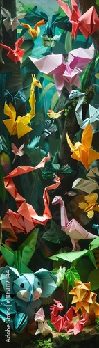 A creative depiction of a wildlife park where all animals are made from colorful origami paper, showcasing a variety of species in a vibrant, papercrafted environment photo