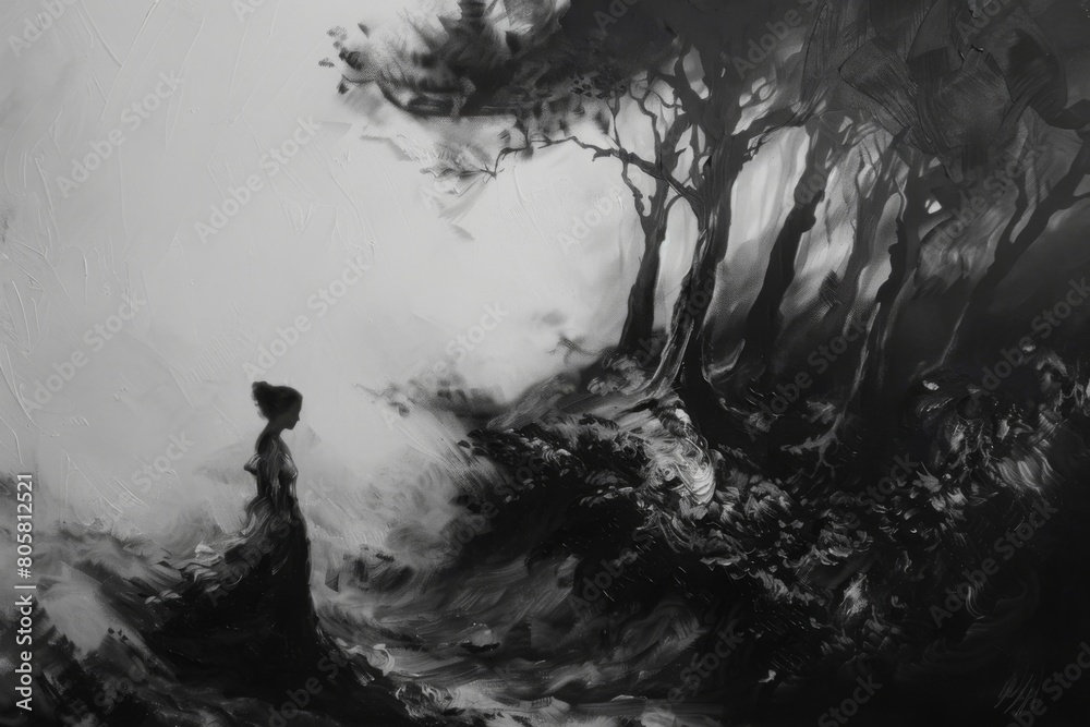 Fototapeta premium A woman is walking through a forest