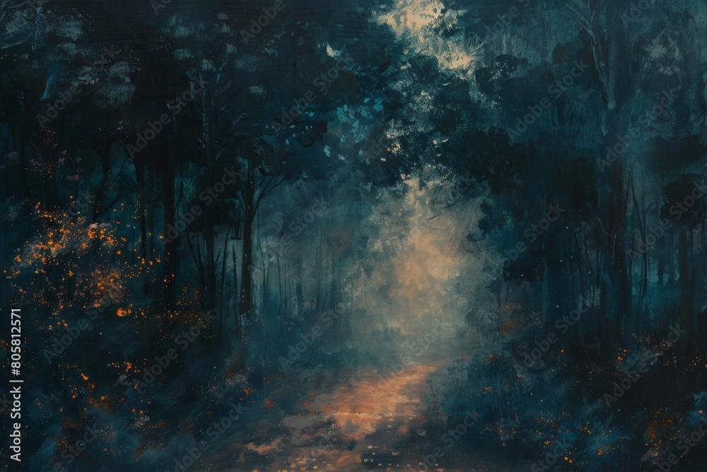 A painting of a forest with a path through it