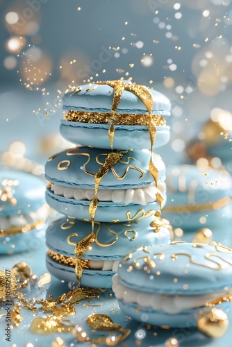 Blue macarons adorned with golden dripping on top