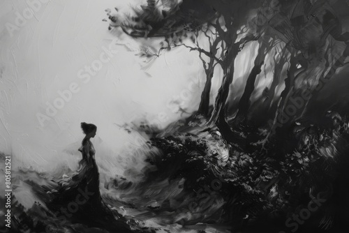 A woman is walking through a forest
