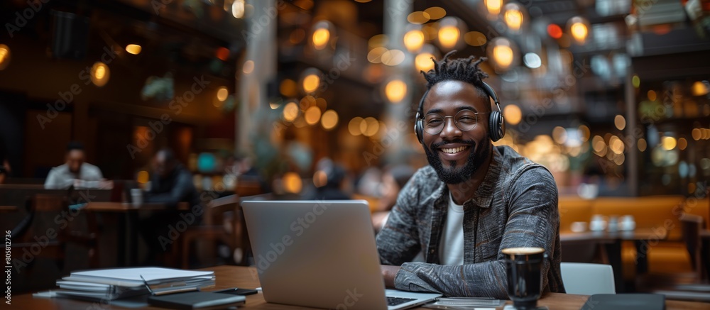 African American man with glasses and headphones smiles, working on laptop in cafe surrounded by books and papers.