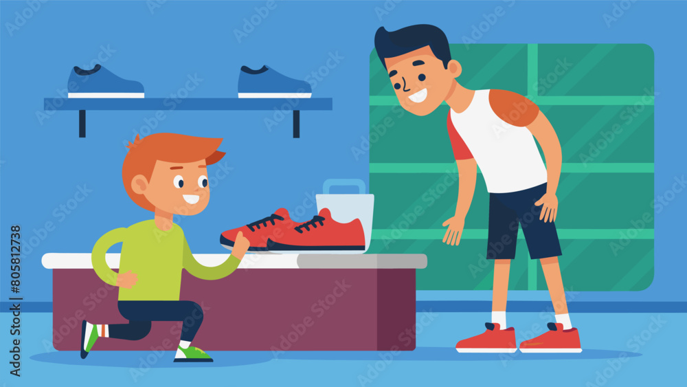 A young runner trying on a pair of gently used track spikes while his coach looks on at the secondhand sports equipment shop.. Vector illustration