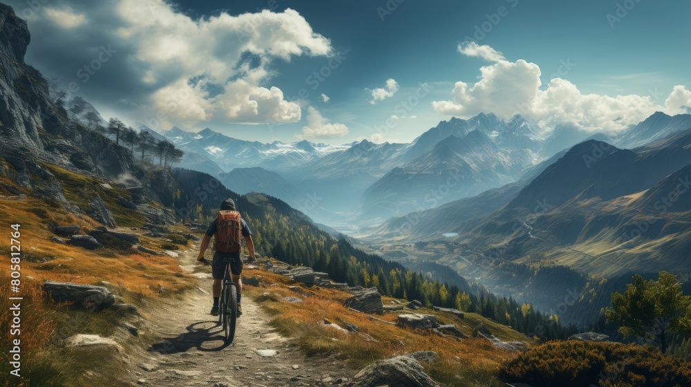Mountain biker gazes at a spectacular mountain range, journeying along a rugged trail amidst the vast, breathtaking landscape
