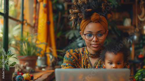 An Afro mother working from home while carrying her little daughter, in a cozy and homely atmosphere, surrounded by plants and planters. photo
