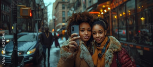Two African American friends smiling happily while capturing a selfie in the middle of the cityscape, with cars, buildings, winter clothes.