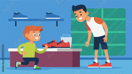 A young runner trying on a pair of gently used track spikes while his coach looks on at the secondhand sports equipment shop.. Vector illustration