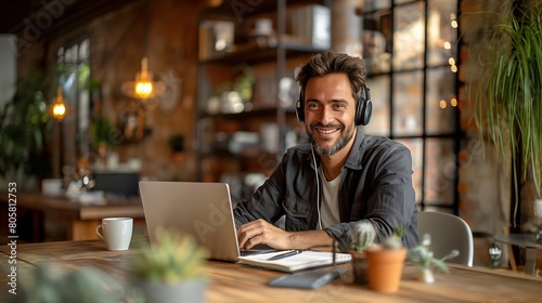 A smiling Caucasian man with headphones works from home with laptop, coffee, plants, wood, cozy ambiance.