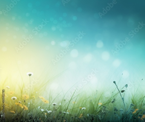 Serene Meadow with Wildflowers and Bokeh Light at Sunrise.