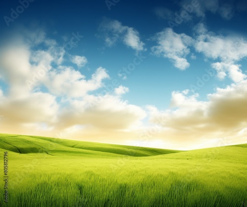 Serene Green Rolling Hills Landscape with Blue Sky and Fluffy Clouds