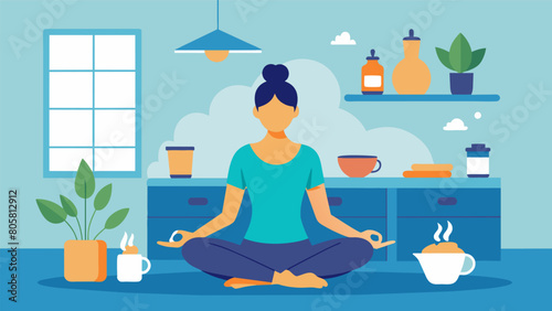A person flowing through their morning yoga routine in a cozy kitchen with a warm cup of tea waiting for them nearby to bring additional comfort and. Vector illustration