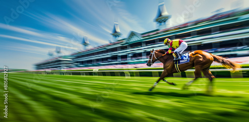Horse racing or derby jockey riding a horse during a race in front of the main stand. Hand edited generative AI. © killykoon