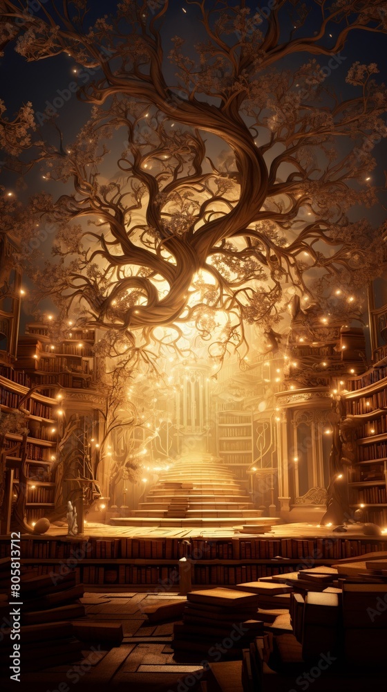 Ancient library hidden within a tree, books glowing, wideangle view, ethereal lighting Ancient library hidden within a tree, books glowing, wideangle view, ethereal lighting
