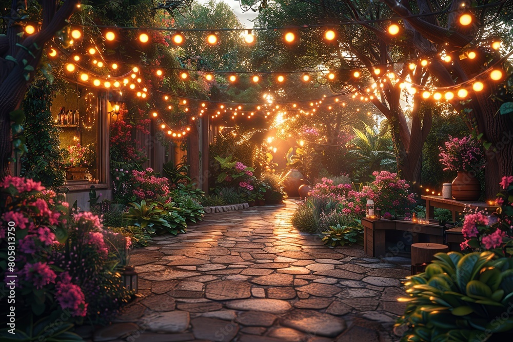 Fototapeta premium garden party scene with light garland, without people, table set for dinner.