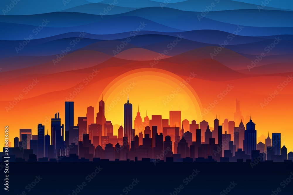 City skyline at sunset, building silhouettes, sky from yellow to dark blue, color gradient papercut, 3D style