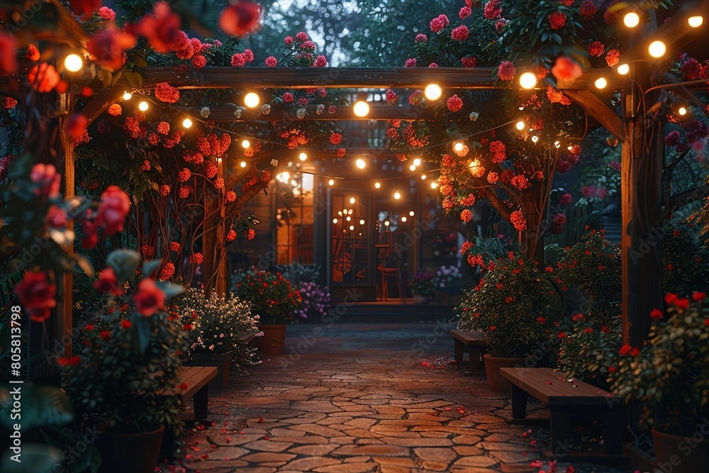 custom made wallpaper toronto digitalgarden party scene with light garland, without people, table set for dinner.